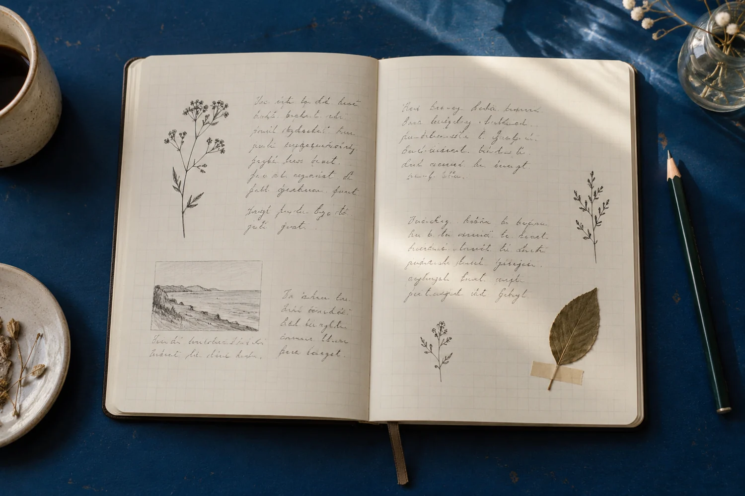 Small ink botanicals and a pressed leaf on an open journal spread