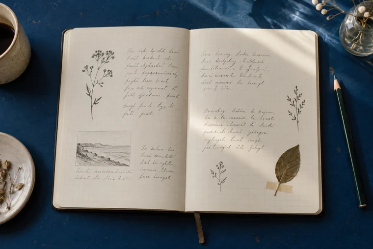 Small ink botanicals and a pressed leaf on an open journal spread