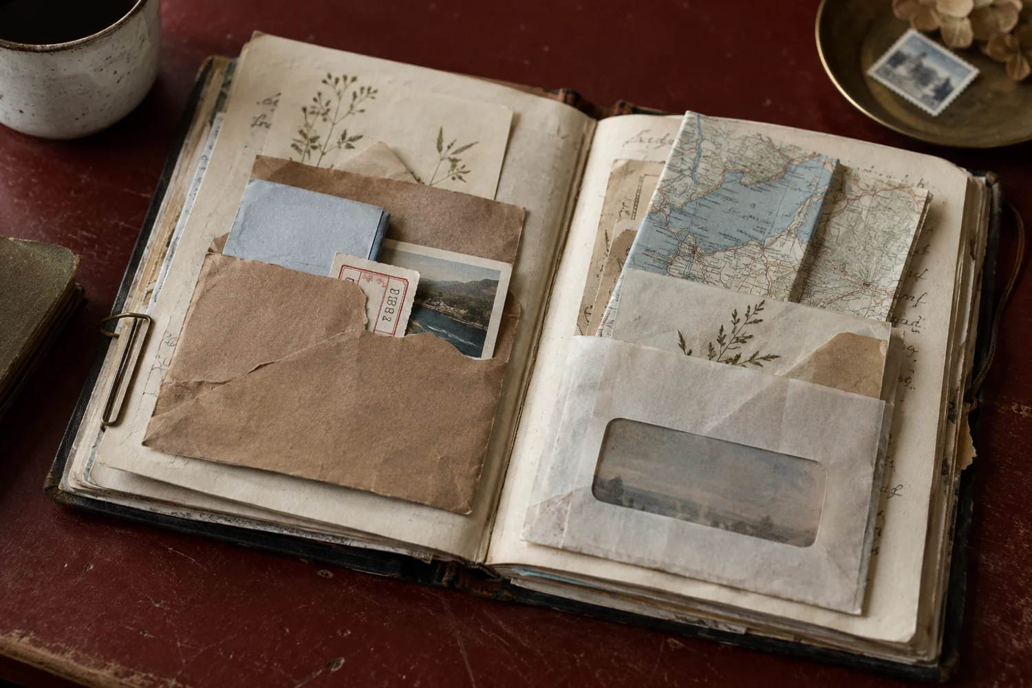 An open journal with kraft and window-envelope pockets, blue scraps and a folded map