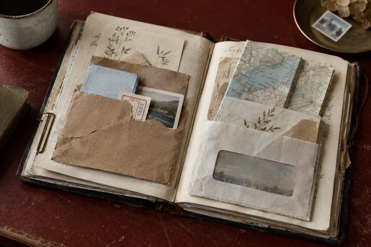 An open journal with kraft and window-envelope pockets, blue scraps and a folded map