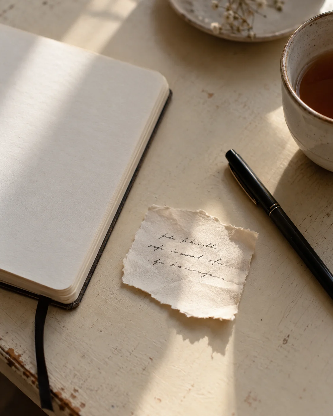 A handwritten paper scrap beside an empty notebook and a black pen