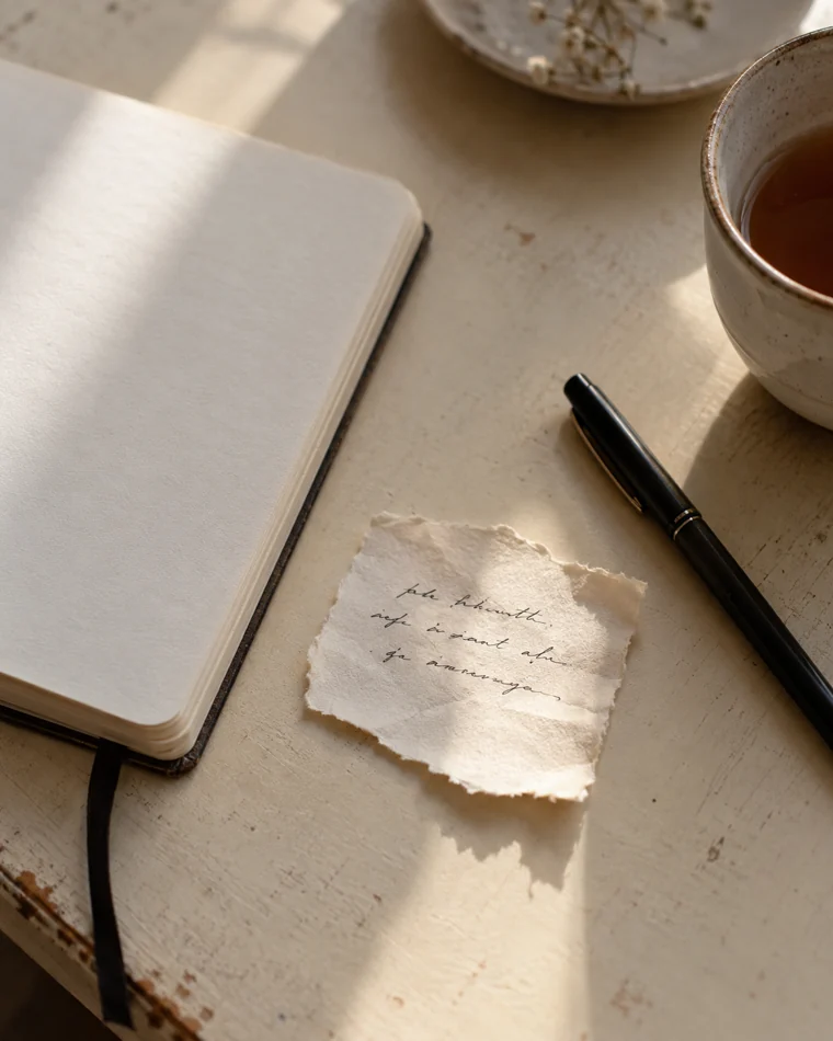 A handwritten paper scrap beside an empty notebook and a black pen