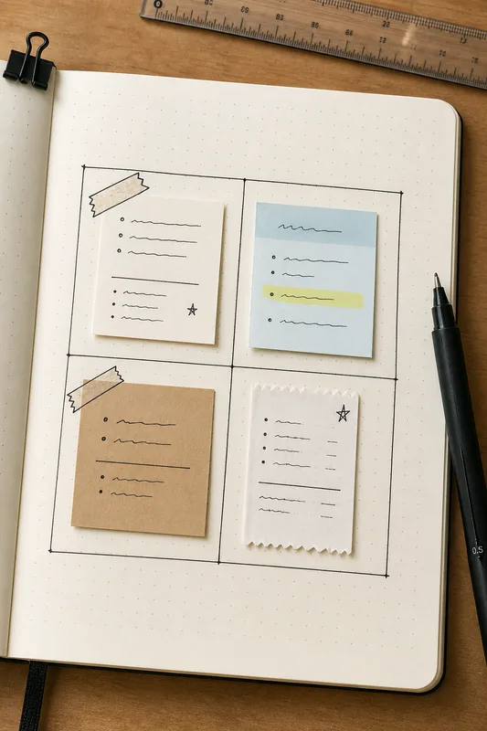 Ruler-drawn four box journal grid with small memo cards and simple bullet notes in each box