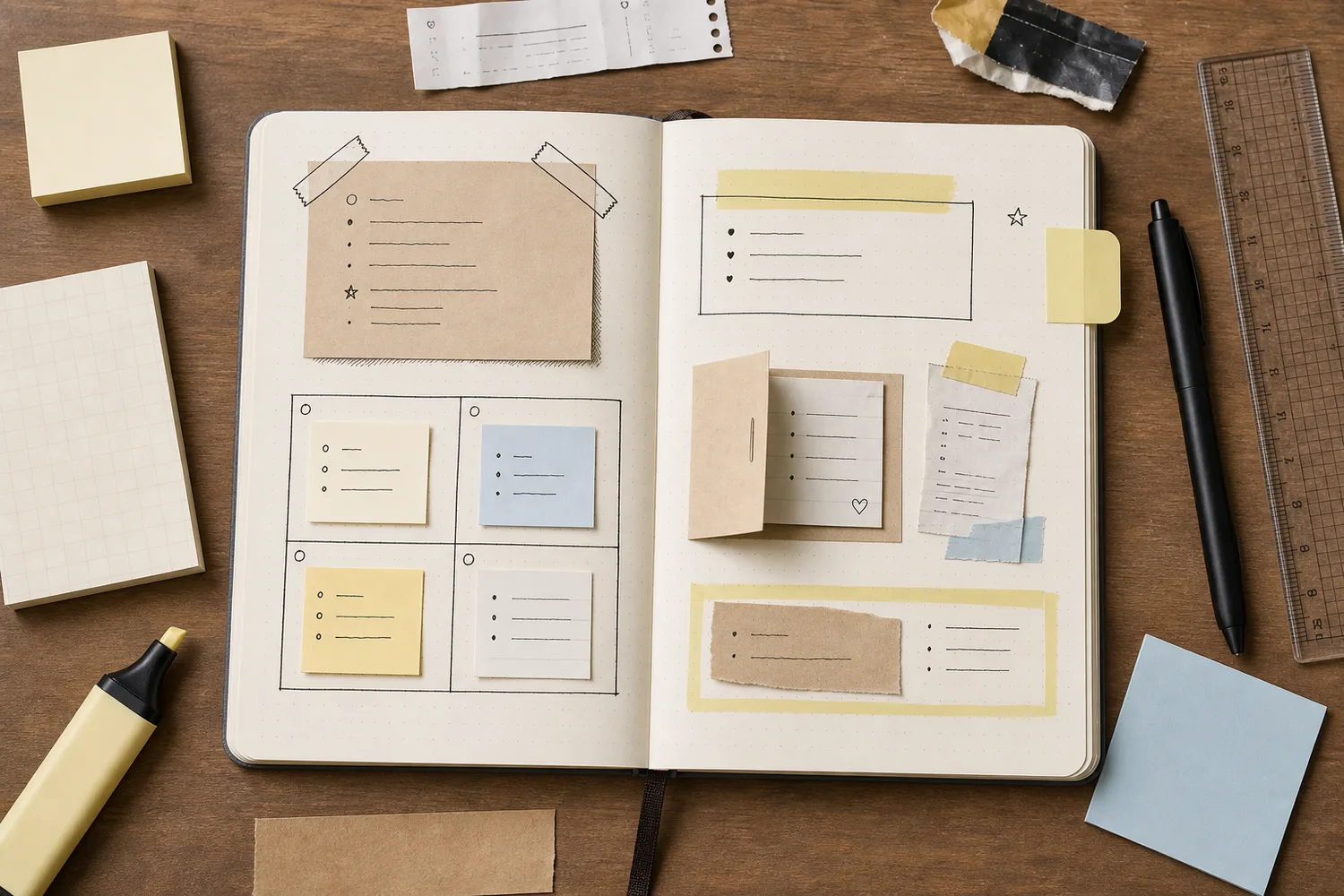 Finished journal spread using memo cards, sticky tab, highlighter frame, ruler grid, pen shadows, and tiny desk scraps
