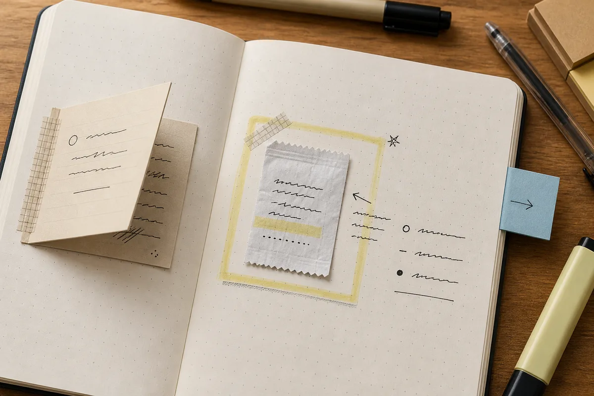 Journal page showing a memo tip-in flap, highlighted desk scrap frame, sticky tab, and three-bullet daily log