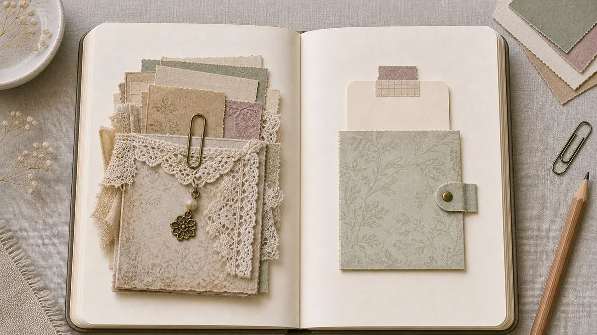 Open journal comparing a bulky altered paperclip pocket with lace and charm against a flat clean altered paperclip pocket with one tag