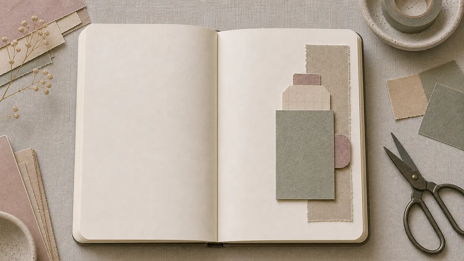 Open journal with a flat altered paperclip pocket clipped to the page edge and a small tag peeking from the top