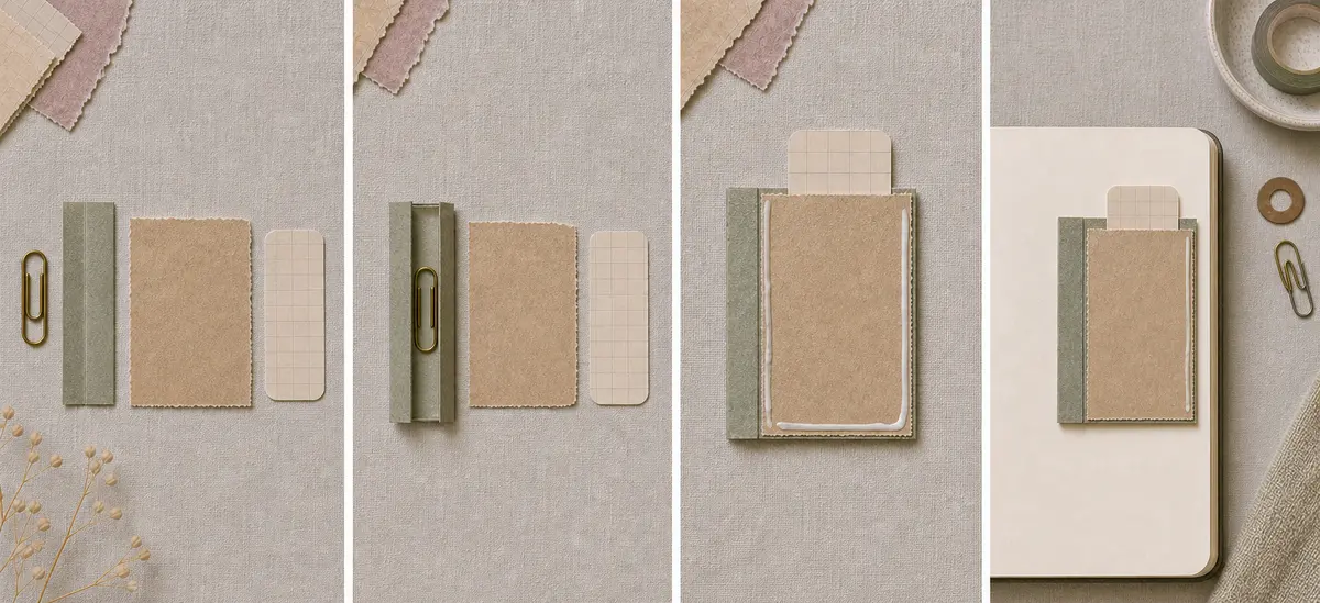 Four-stage process showing paper pieces, hidden clip placement, pocket adhesive placement, and a finished altered paperclip pocket on a journal page
