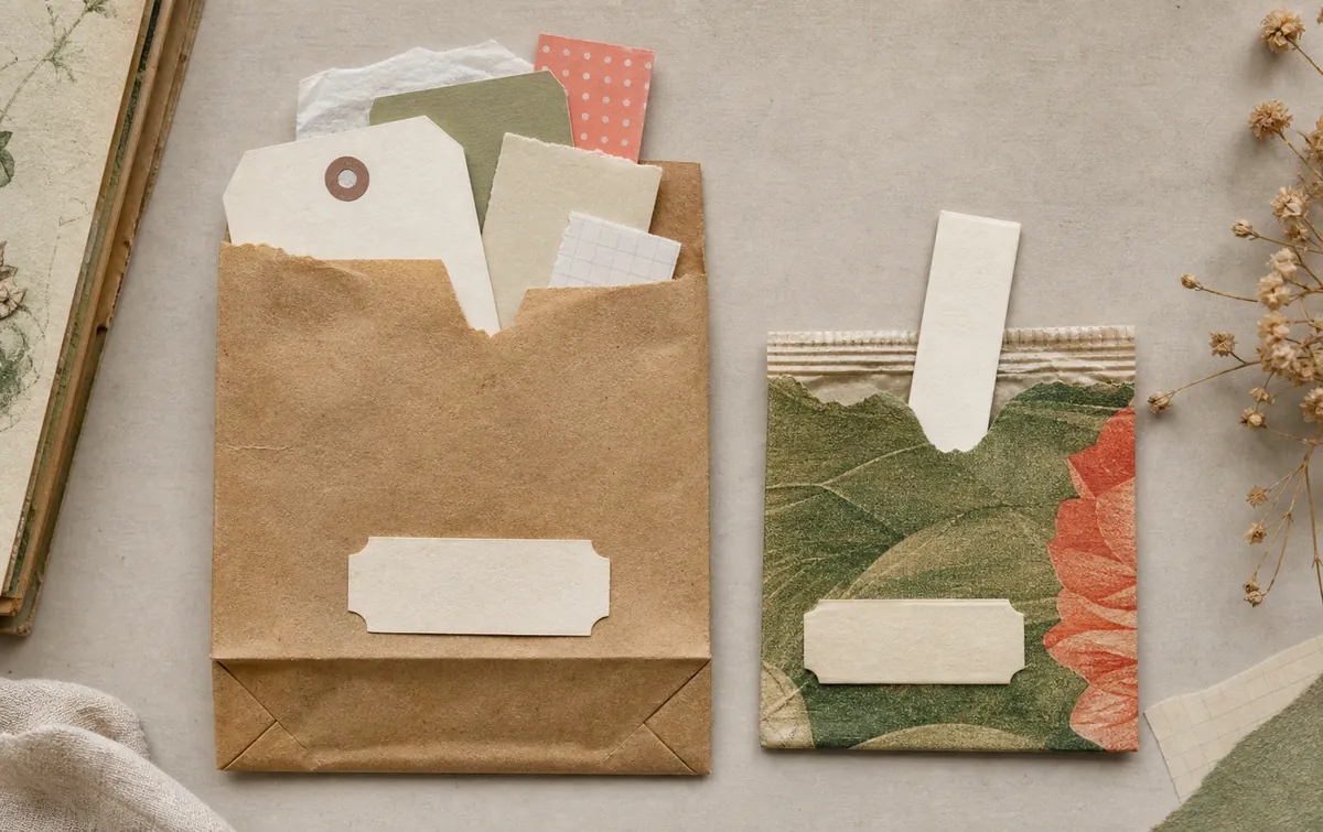 Brown paper bag pocket and tea wrapper mini pocket holding blank tags and paper strips