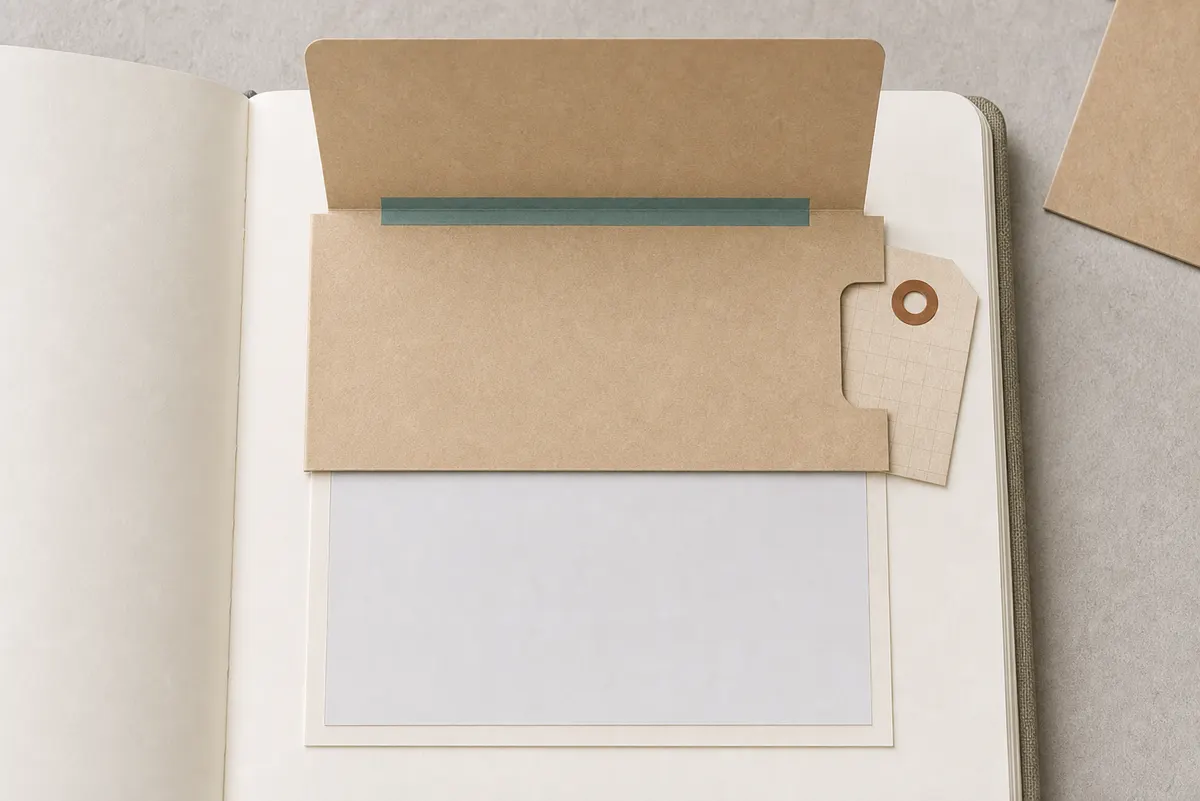 Close view of a belly band flip with a top hinge, tag channel, and blank writing area underneath