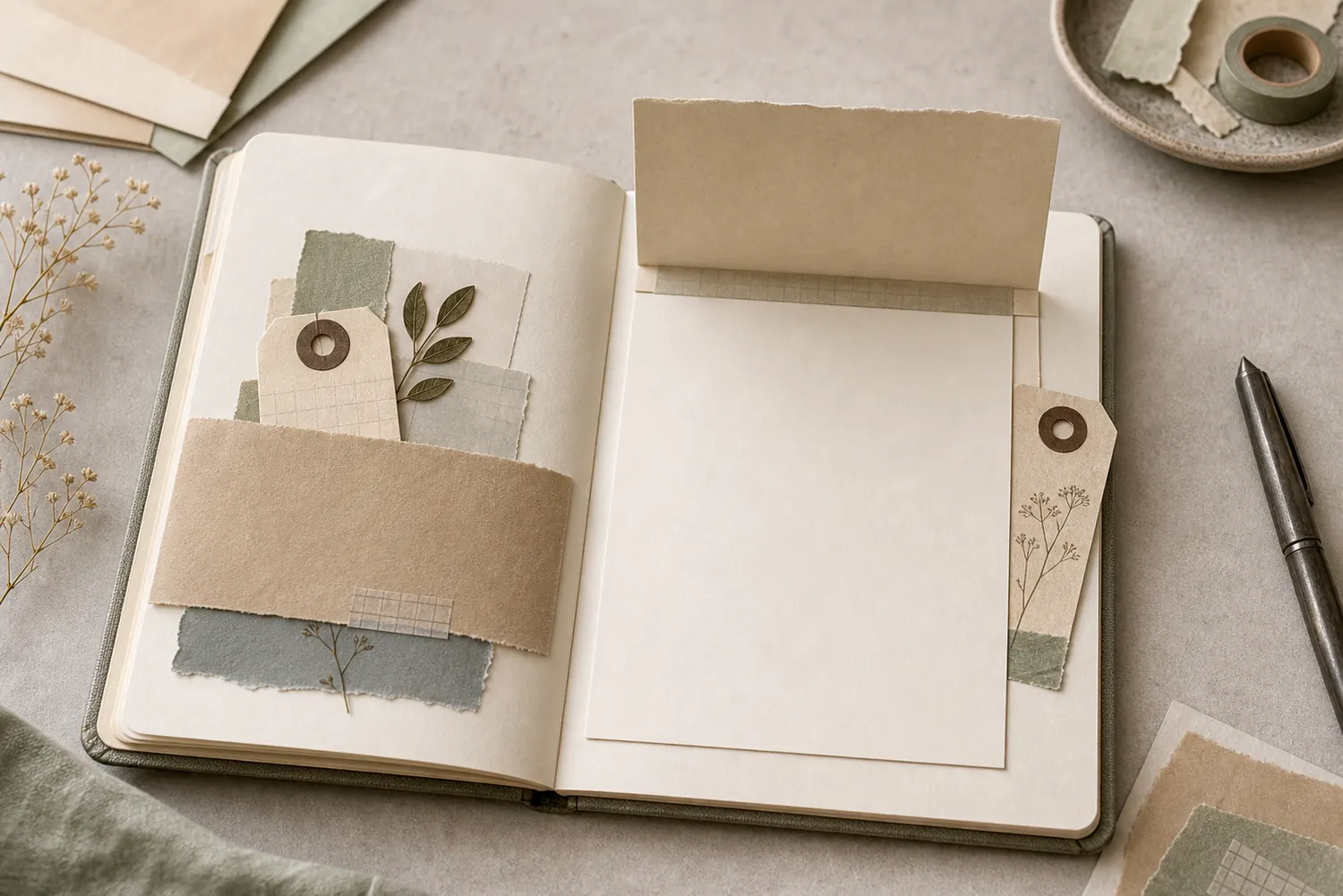 Open journal with a hinged belly band flipped upward, a tag tucked in the band, and blank writing space underneath