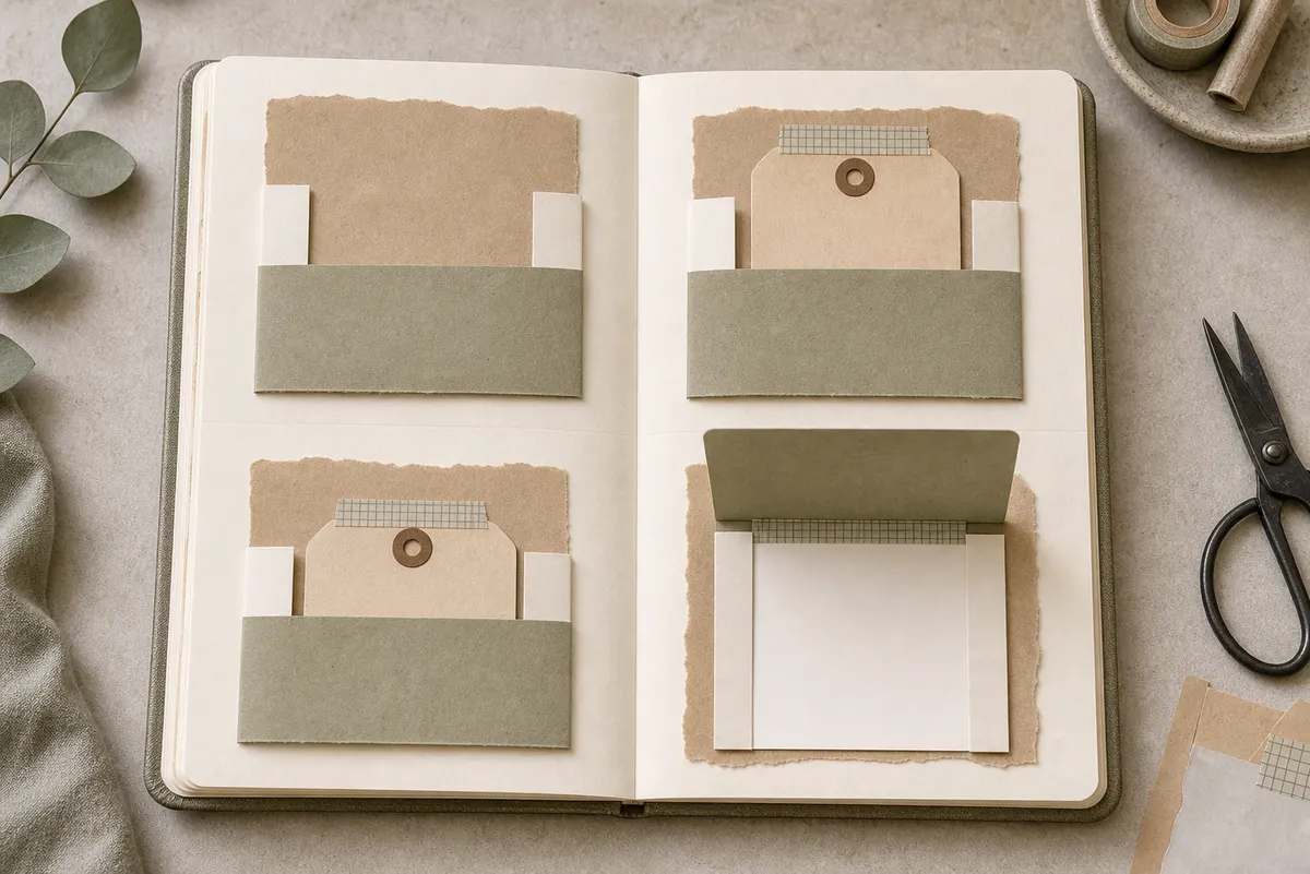 Four stages of a belly band flip showing band channel, tag tucked under band, hinge added, and band lifted to reveal writing space