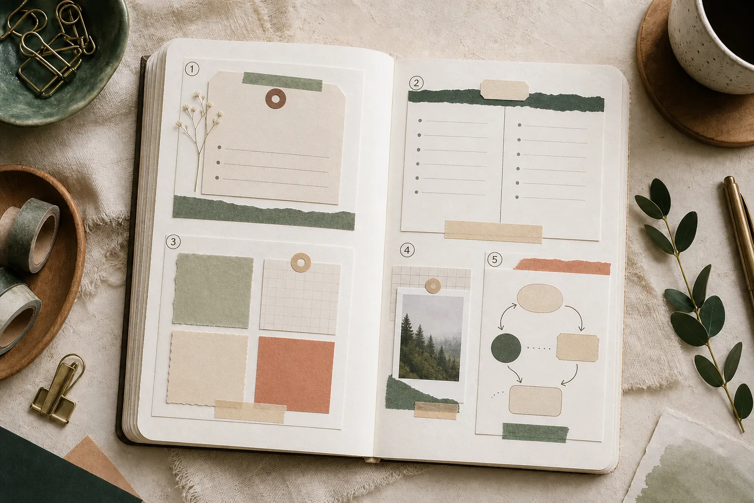 Open journal showing several simple blank page layout structures with boxes, lines, and arrows