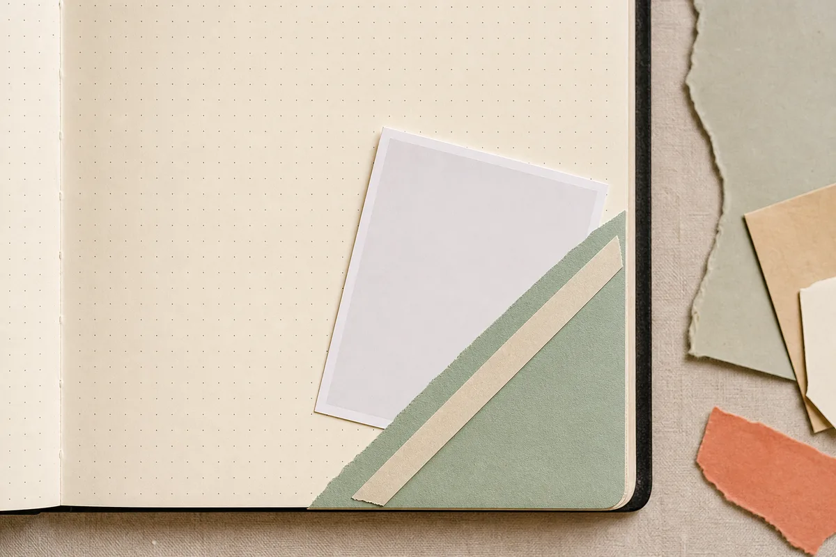 Blank card corner sliding under a sage triangular corner tuck with release paper guarding the diagonal mouth