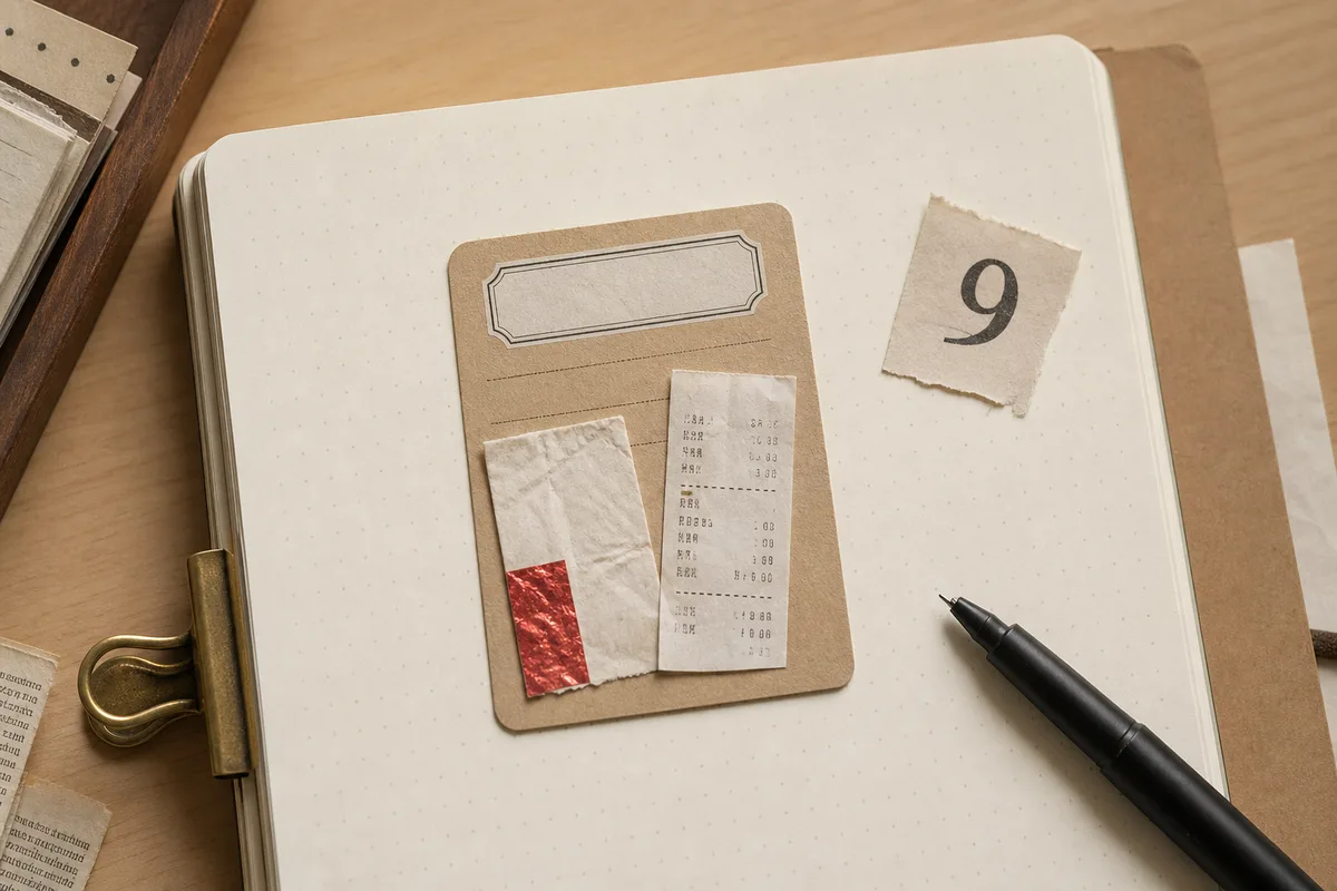 Memo card on a journal page holding a tiny wrapper corner and receipt clipping as a mundane archive record