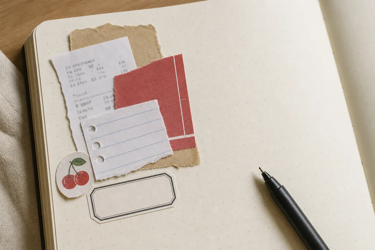 Small cluster of receipt, packaging paper, fruit sticker, and blank label arranged on a journal page