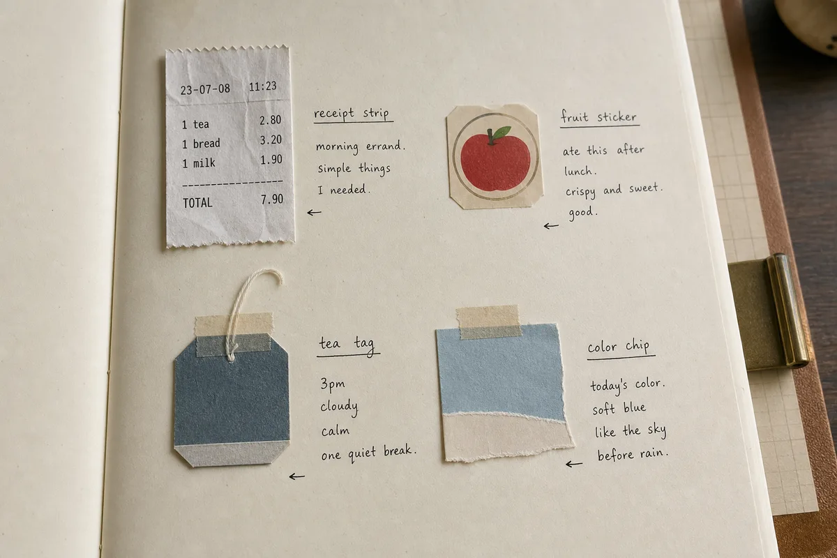 Journal page with receipt strip, fruit sticker, tea tag, and packaging color chip used as small memory evidence