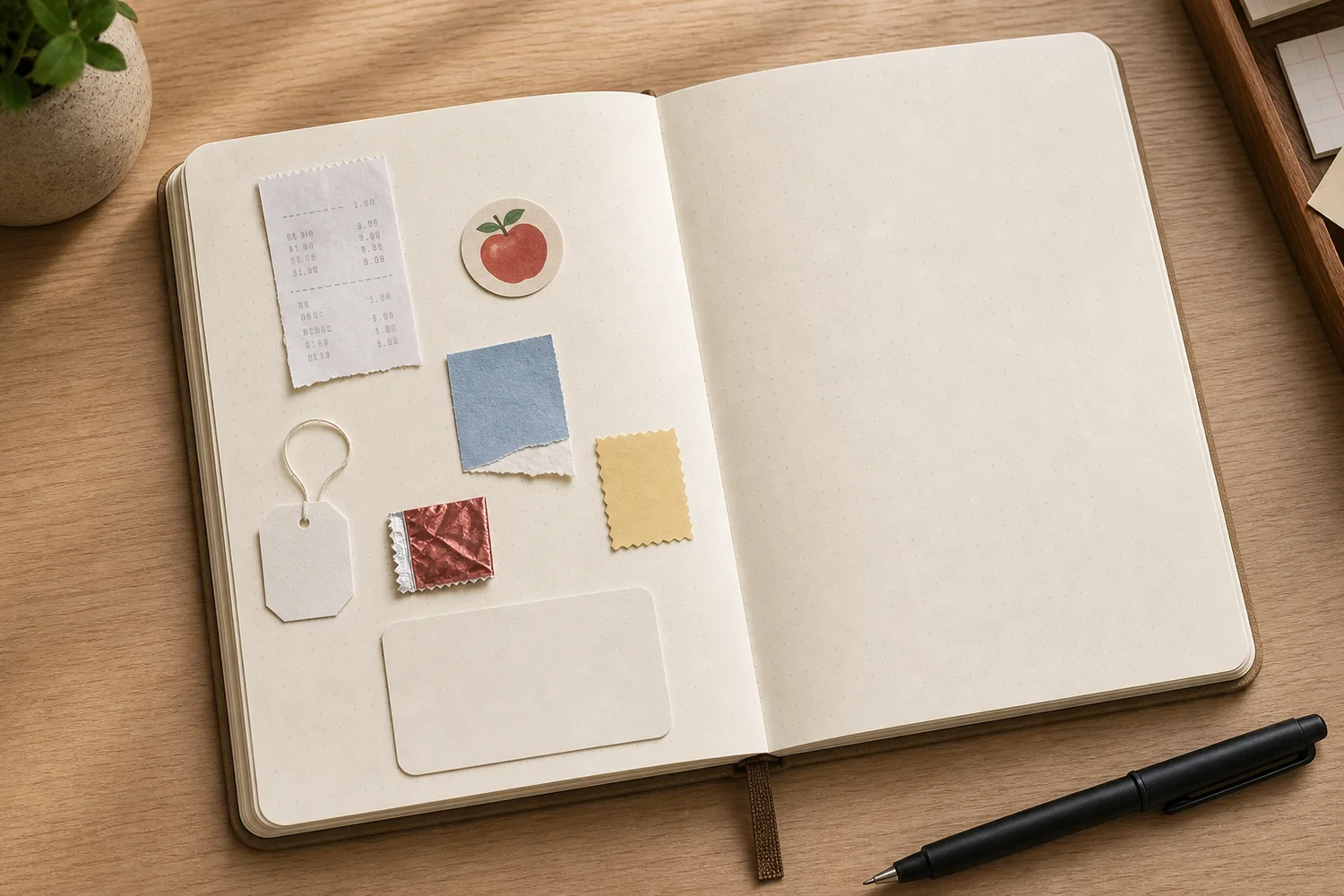 Open journal with tiny receipt, sticker, tea tag, packaging scraps, memo card, and black pen