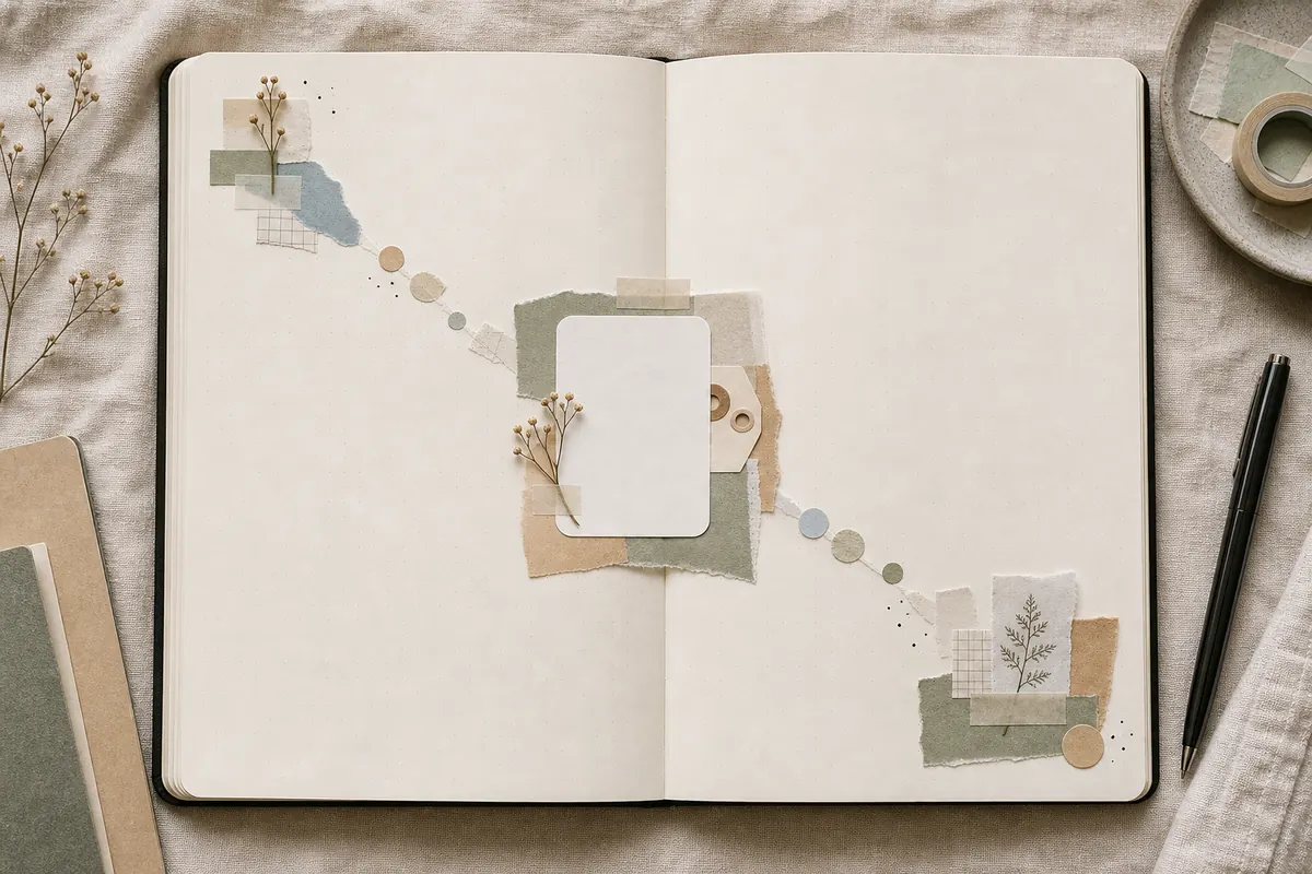Open journal spread with small repeated accents and torn strips guiding the eye diagonally across the pages
