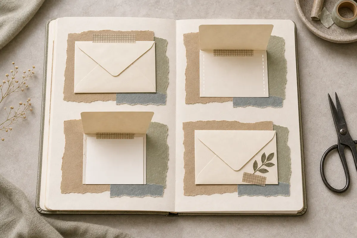 Four envelope flip stages on a journal spread showing a closed envelope, lifted flap, hidden writing area, and finished decorative envelope