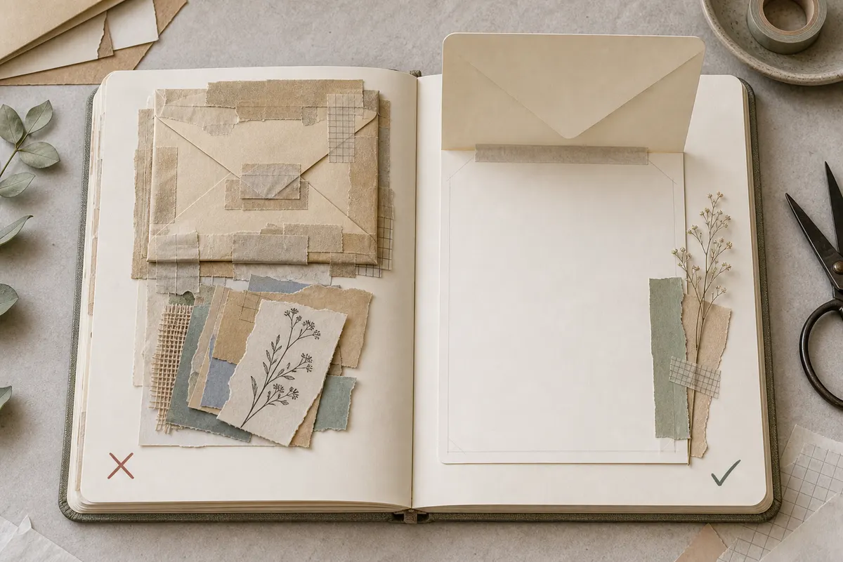 Journal spread comparing a bulky overdecorated envelope flip with a clean low-bulk envelope flip