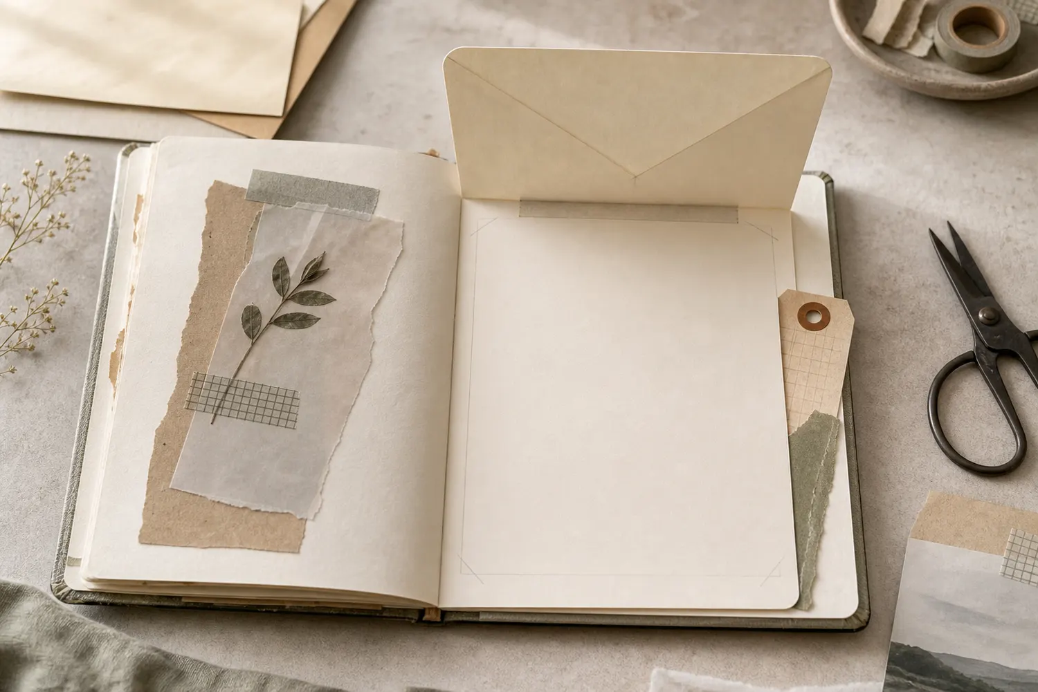 Open journal with a cream envelope lifted upward from its flap, revealing a blank writing space underneath