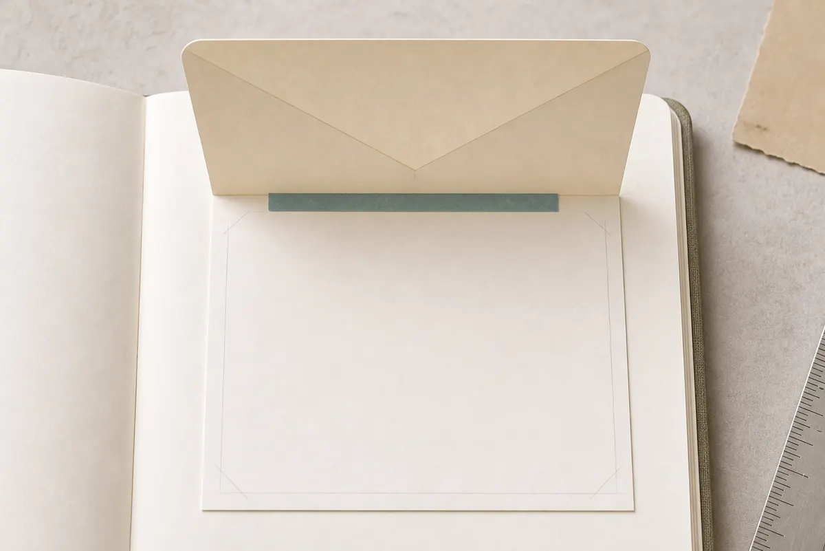 Close view of an envelope flip attached by one teal hinge strip along the flap with a blank writing space underneath