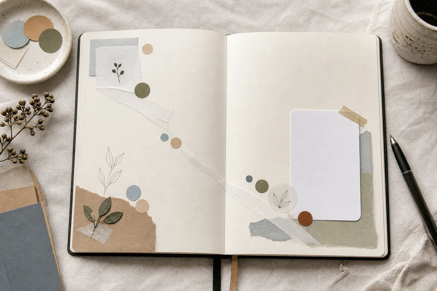 Open journal spread with repeated motifs, color echoes, diagonal flow, and quiet margins