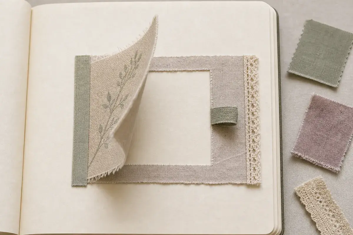 Close view of a thin fabric flap lifted from one edge over a blank writing field in a journal