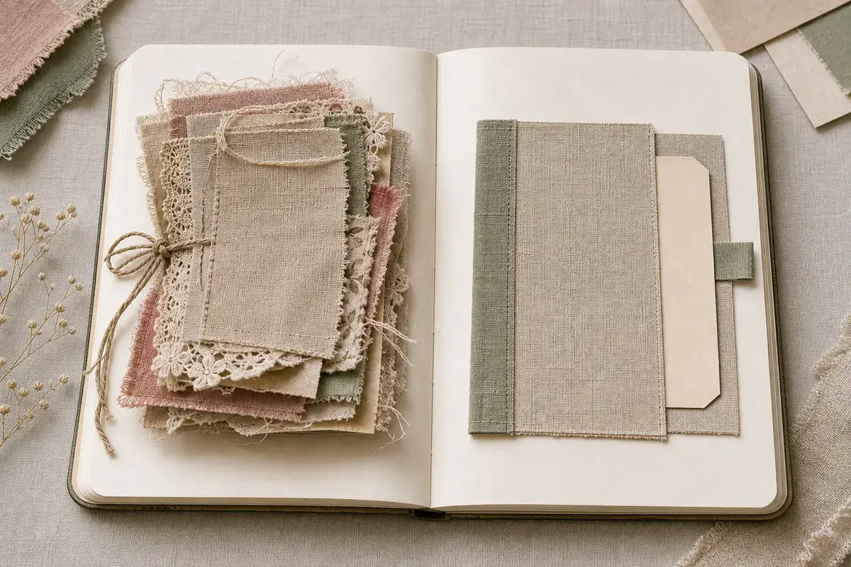 Open journal comparing a bulky layered fabric stack with a clean thin fabric flip that closes flat