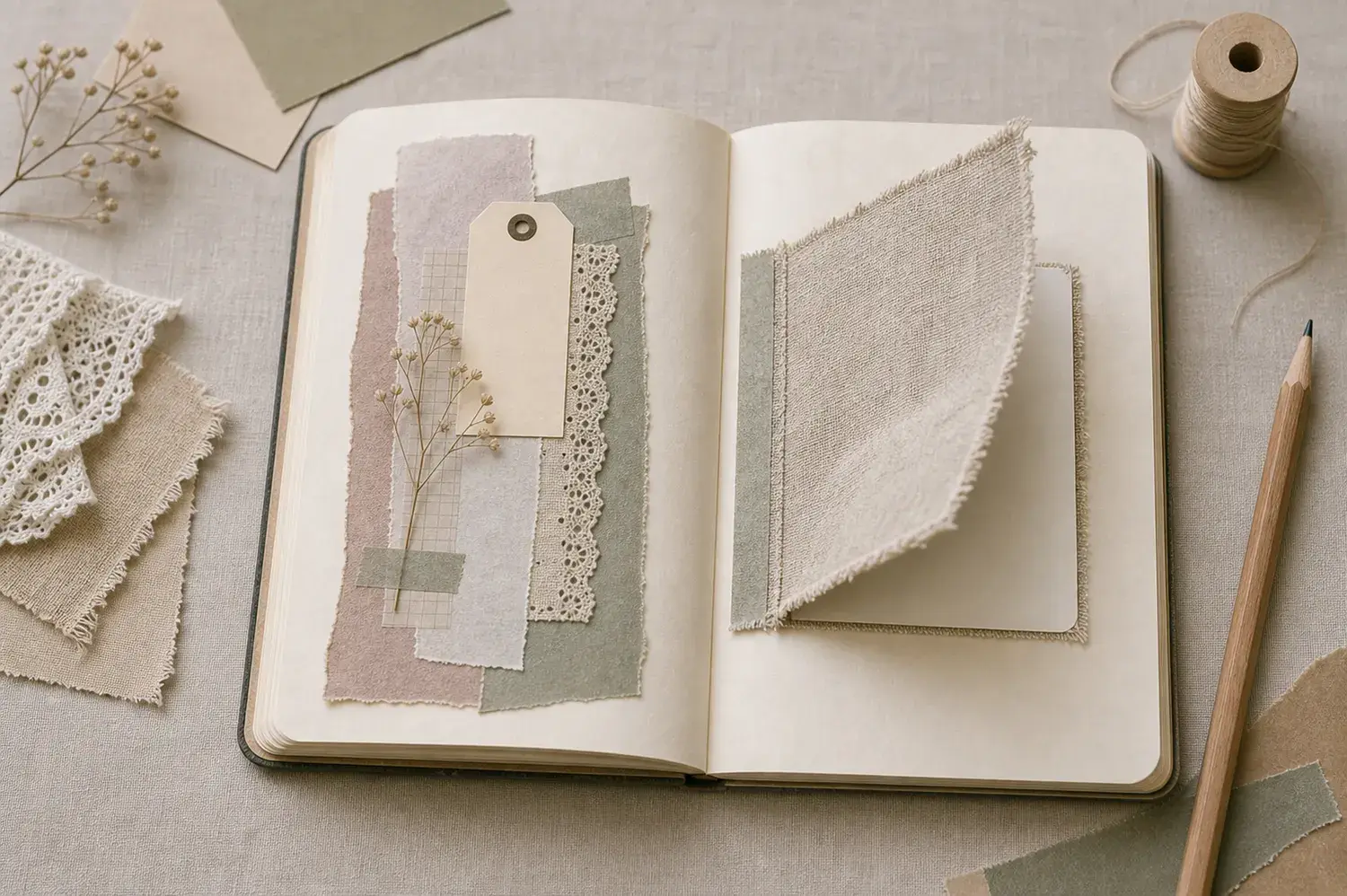 Open journal with a thin fabric flap lifted to reveal a blank hidden writing space underneath
