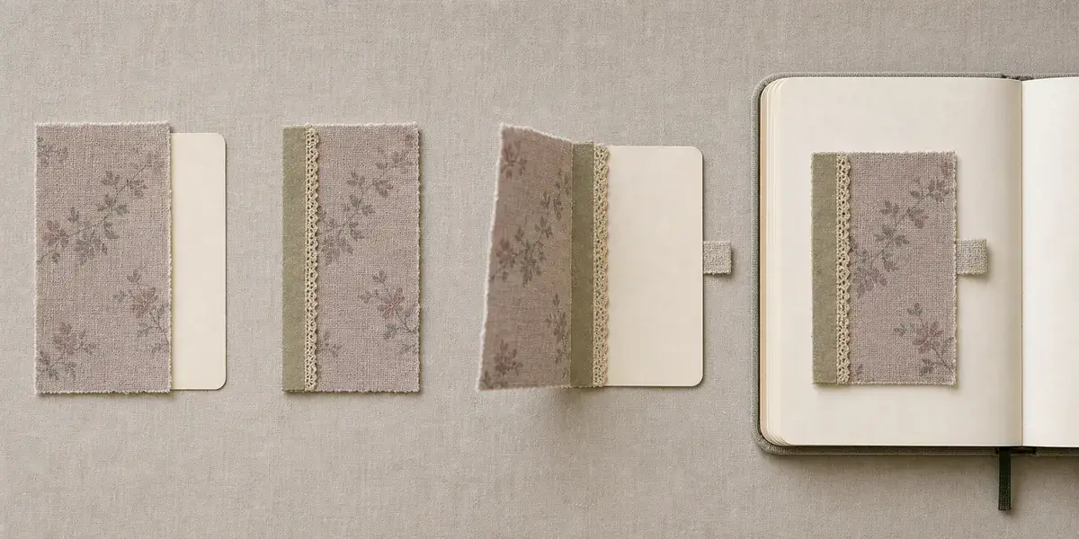 Four-stage process showing a fabric panel, hinge strip, lifted fabric flap, and finished fabric flip on a journal page
