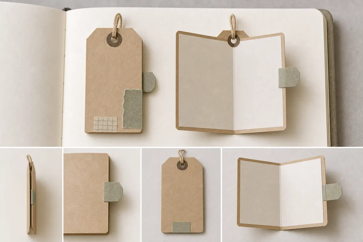 Close view of a folded tag opened halfway with blank inside writing panels and a small decorative front