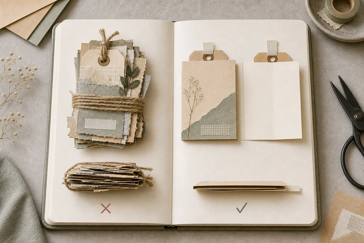 Journal spread comparing a bulky folded tag that will not close with a clean low-bulk folded tag opened to show writing panels