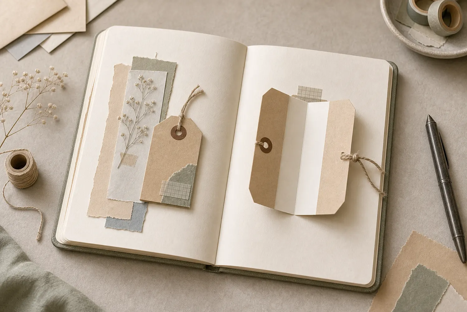 Open journal with a folded kraft tag opened to reveal blank writing panels inside