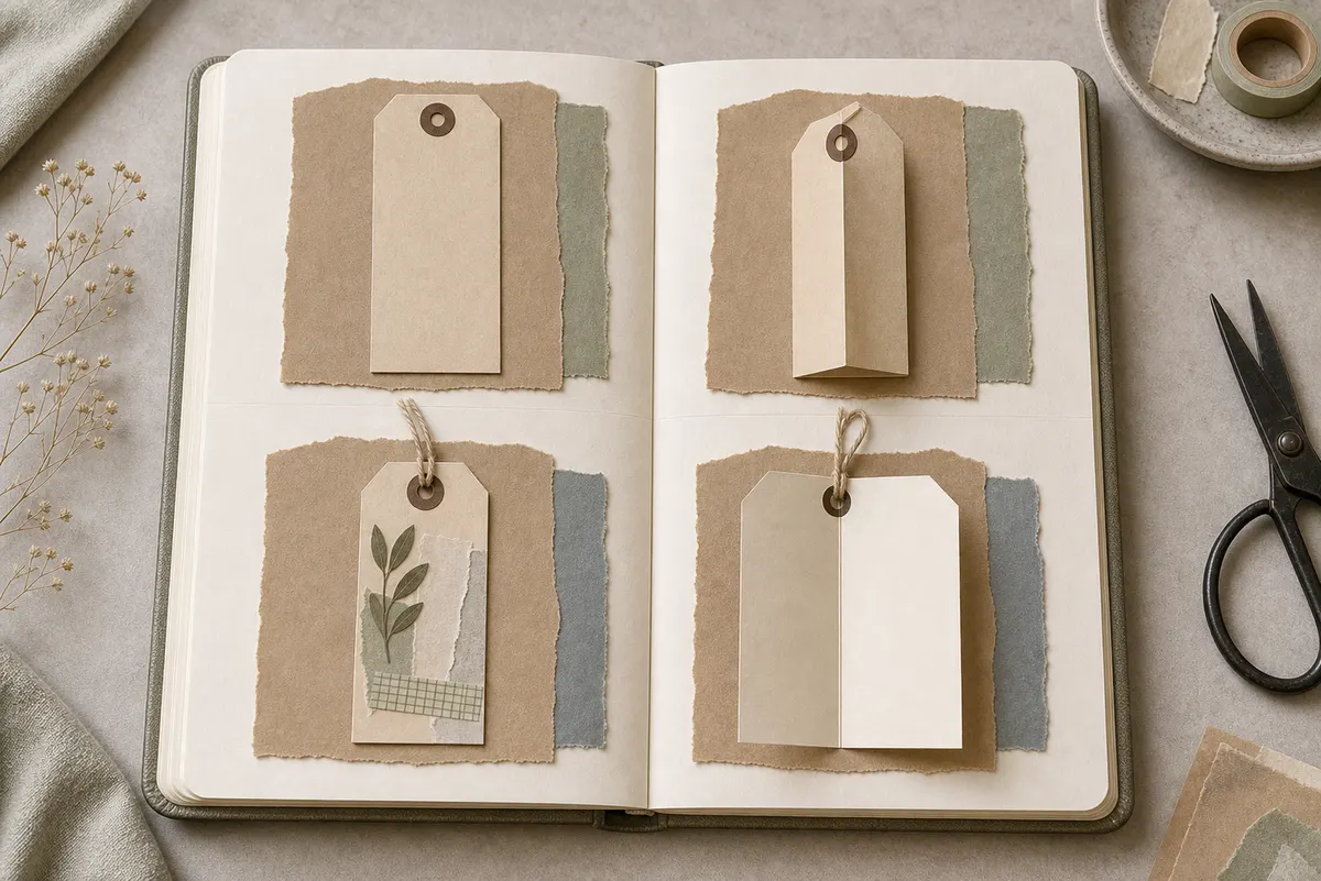Four stages showing a long tag, a folded tag, a decorated closed front, and the tag opened to reveal blank inside writing panels