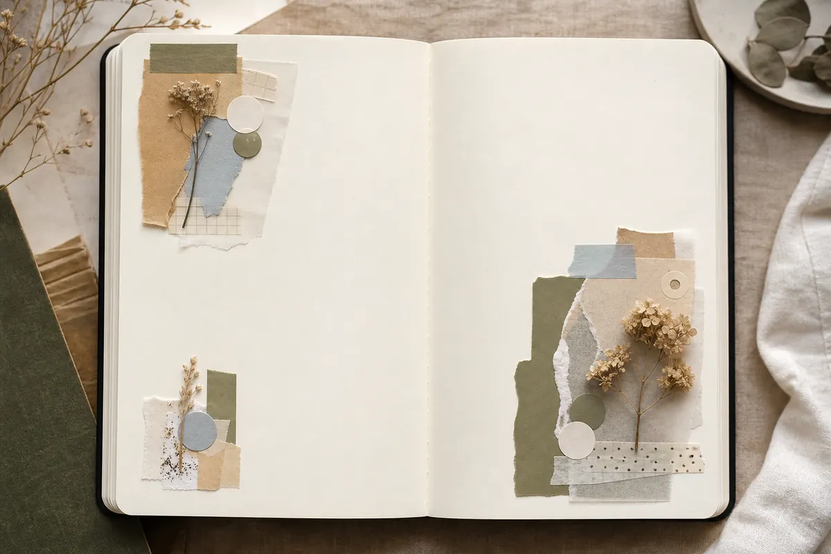 Blank journal spread with clusters placed at the photo corner, pocket opening, and outer margin while the writing area stays clear