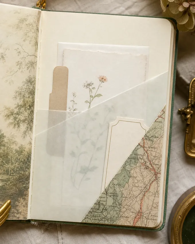 Translucent glassine pocket and map scrap corner pocket on a cream journal page