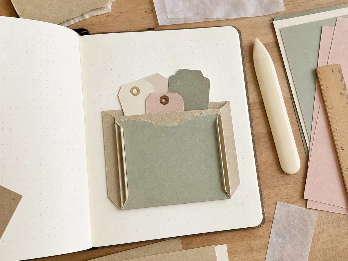 Open journal page with a handmade gusseted pocket holding three tags and visible folded side walls