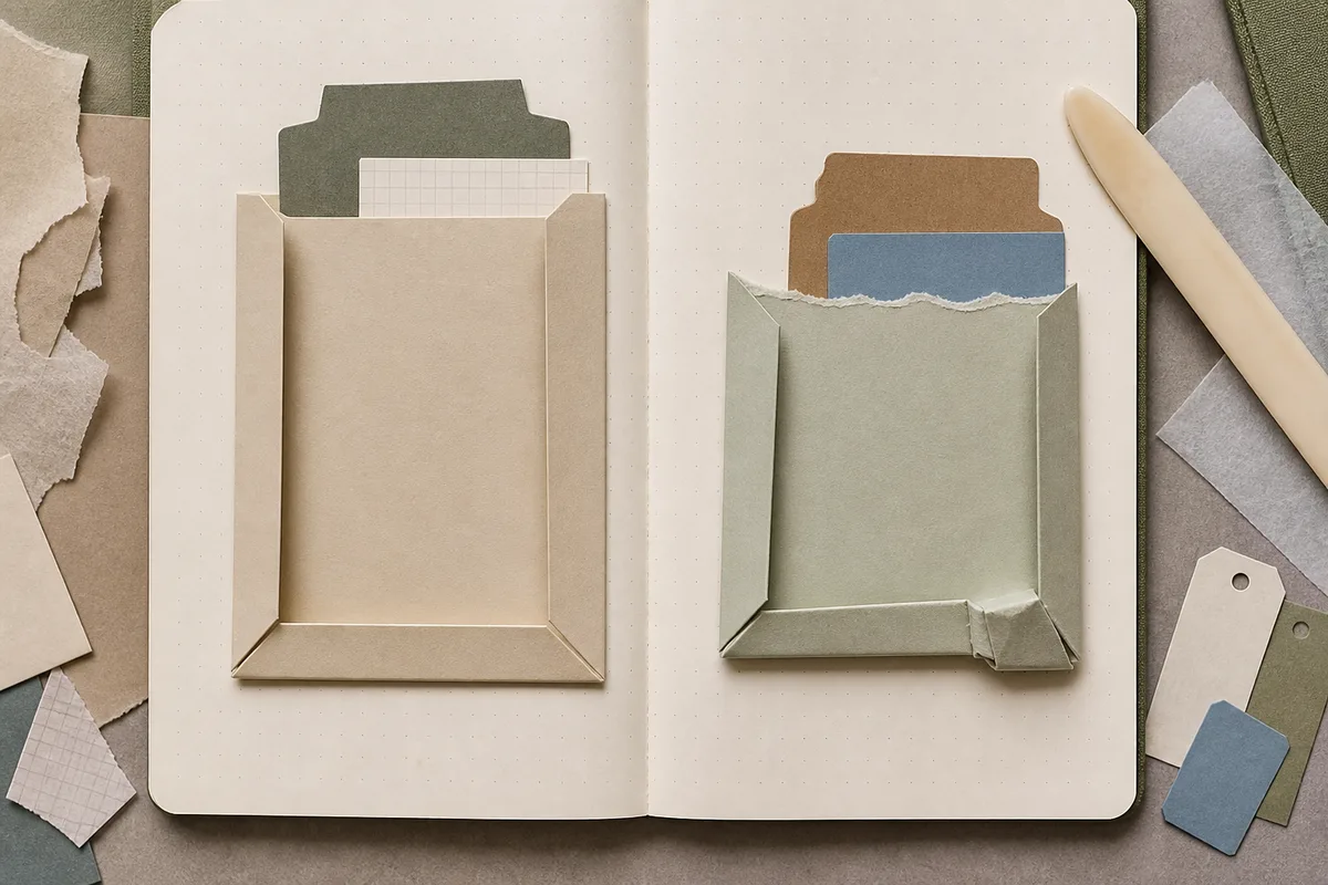 Two handmade pocket samples on an open journal, one clean gusseted pocket and one with a bulky collapsed bottom corner