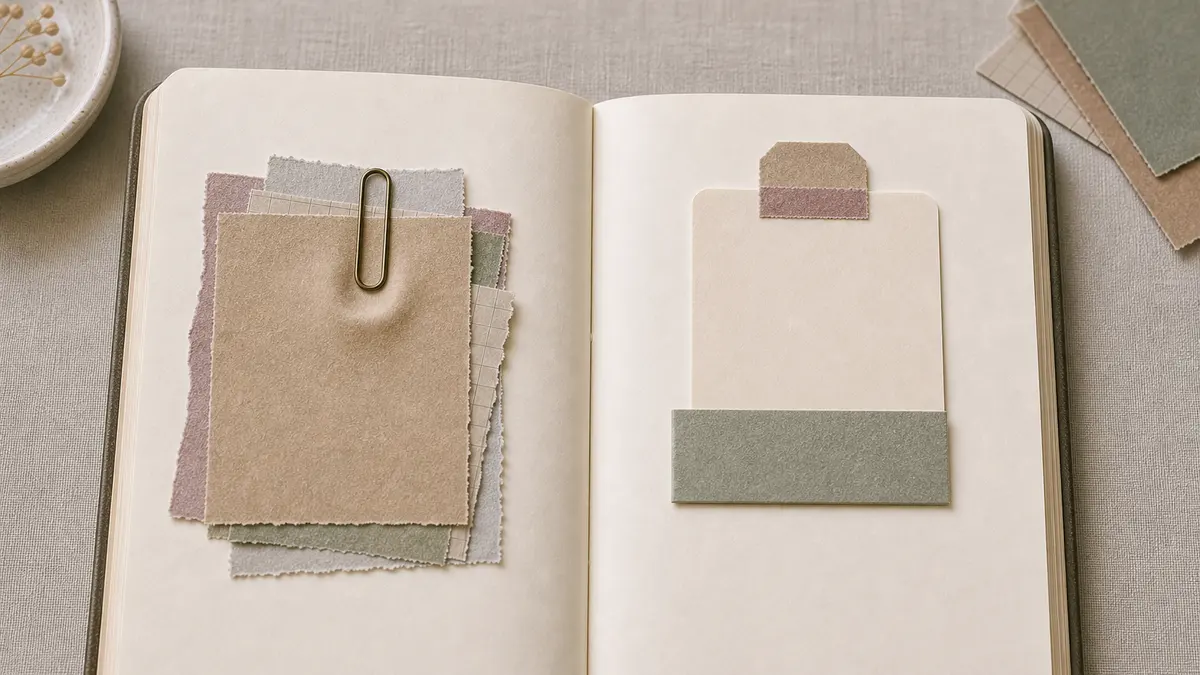 Open journal comparing a bulky exposed paperclip holder on one page with a flat hidden paperclip sleeve holding a slim card on the other page