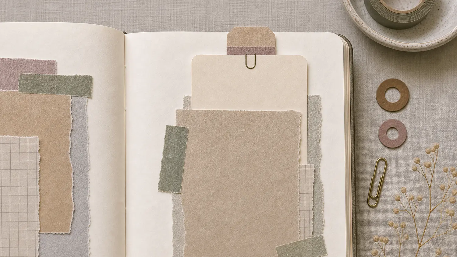 Open journal with a hidden paperclip tab holding a slim removable card near the top edge of the page