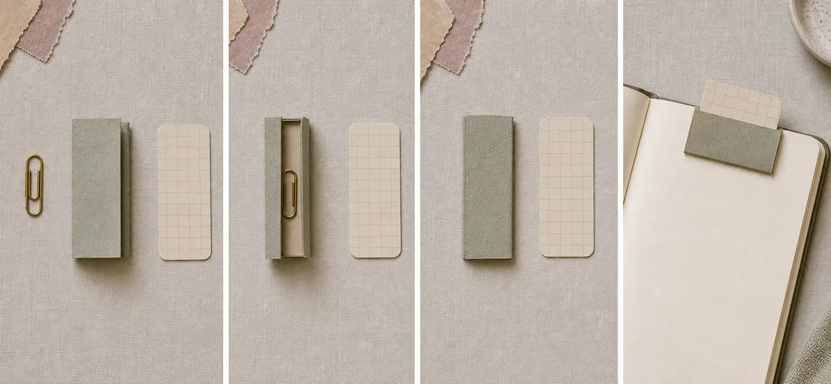 Four-stage process showing a paperclip beside folded paper, a clip placed inside the sleeve, the sleeve closed, and the finished hidden clip holding a card on a journal page