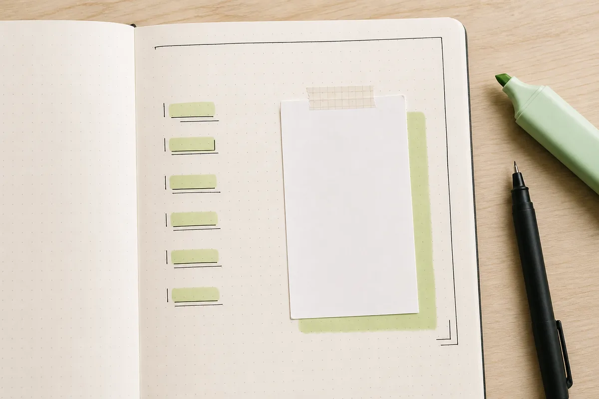 Open journal page with pastel green highlighter category chips and a plain memo over a soft highlighter glow