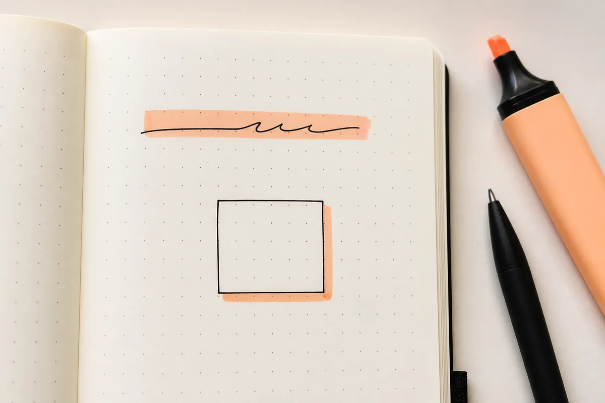 Dot-grid journal page with a peach highlighter header bar and a simple pen box with highlighter shadow