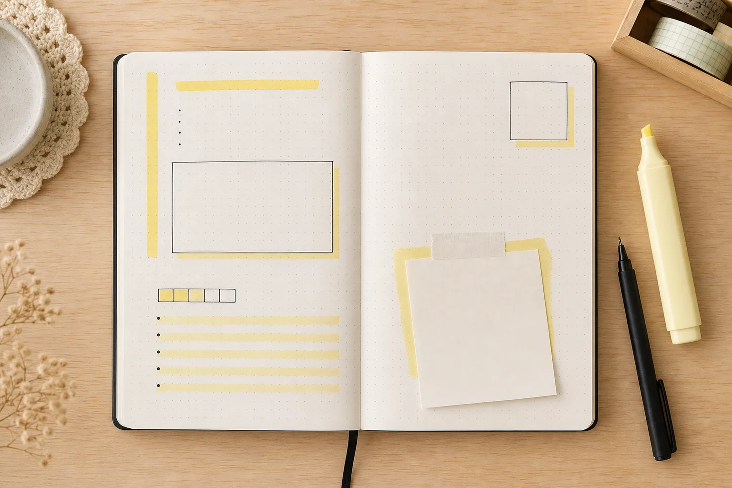 Open dot-grid journal with soft yellow highlighter bars, boxes, a memo glow, a black pen, and a pastel highlighter