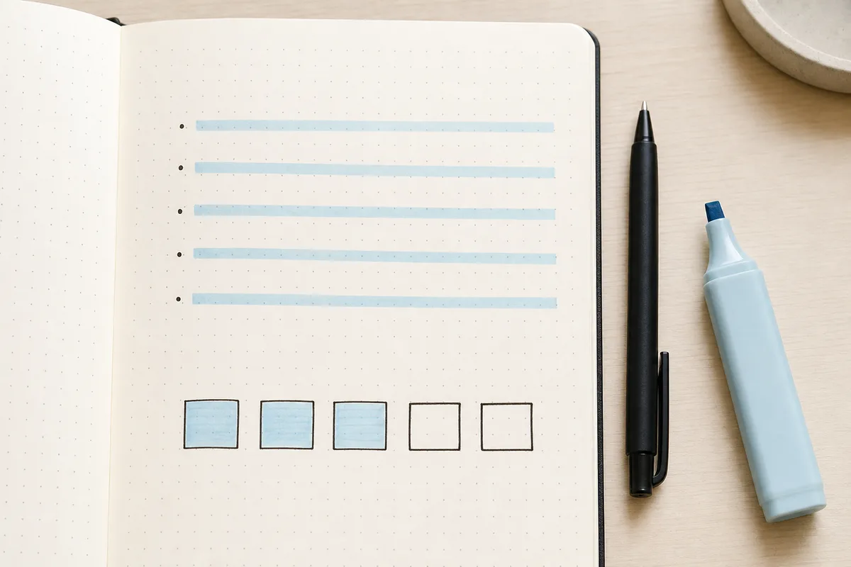 Dot-grid journal page with soft blue highlighter tracker lines and five small mood boxes