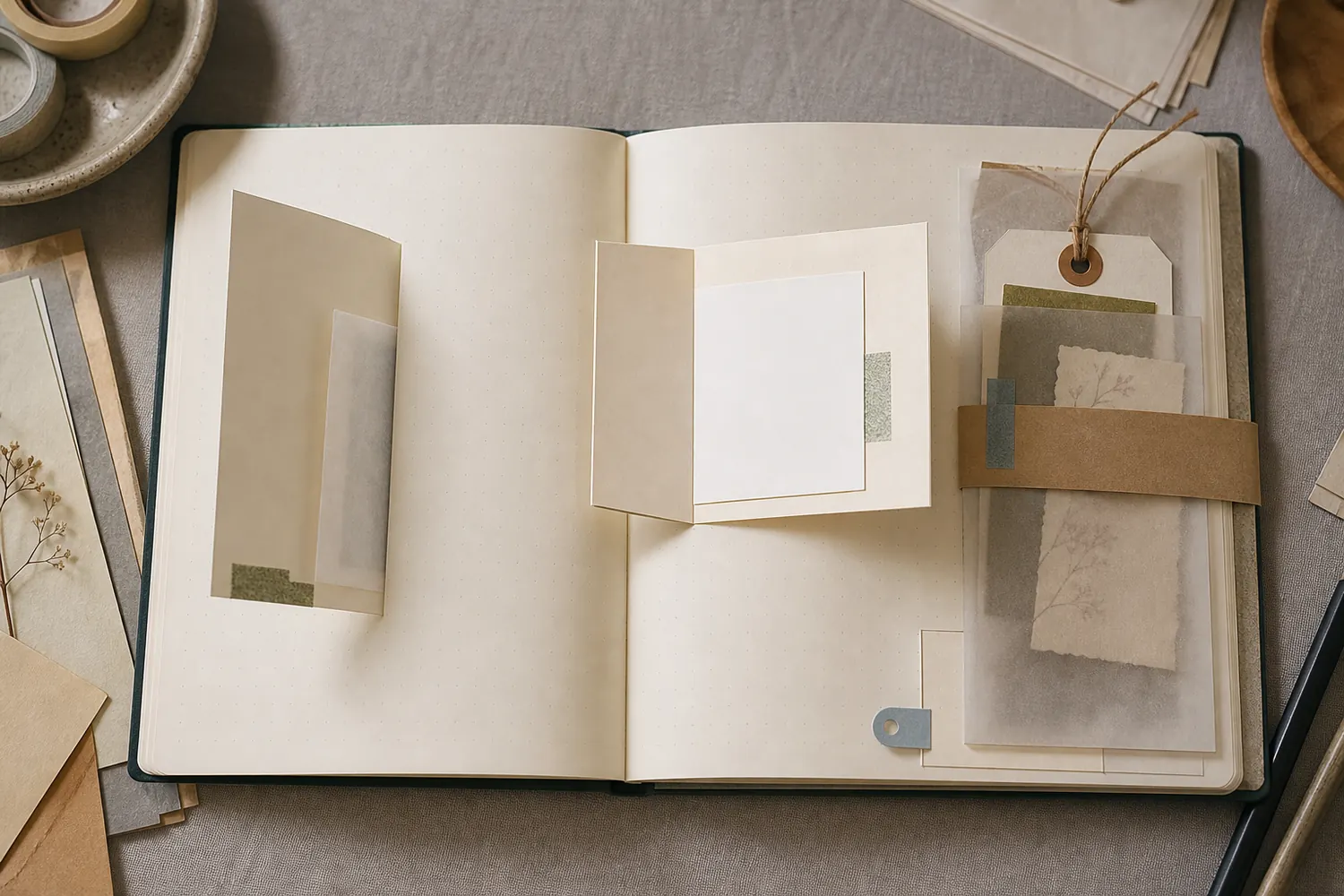 Open journal spread with a thin tip-in flap, a foldout memo, a belly band, and pull tabs