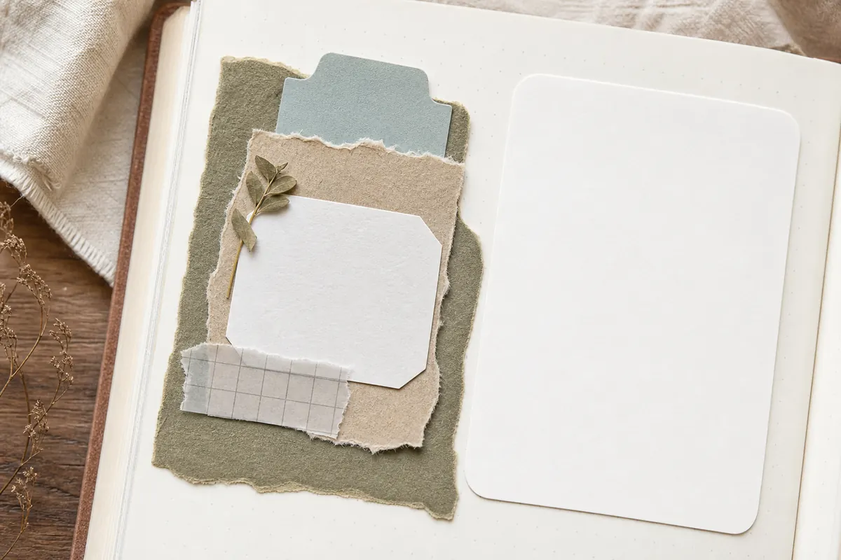 Close view of a journal cluster made from a base scrap, torn paper, a blank label shape, a tab, and small accents