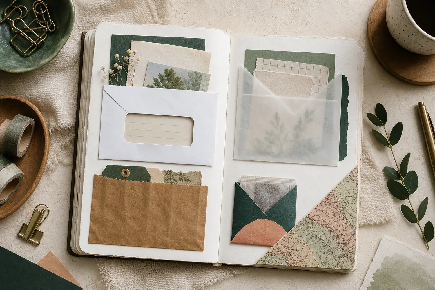 Open journal with several handmade paper pockets made from envelopes, kraft paper, glassine, and map scraps